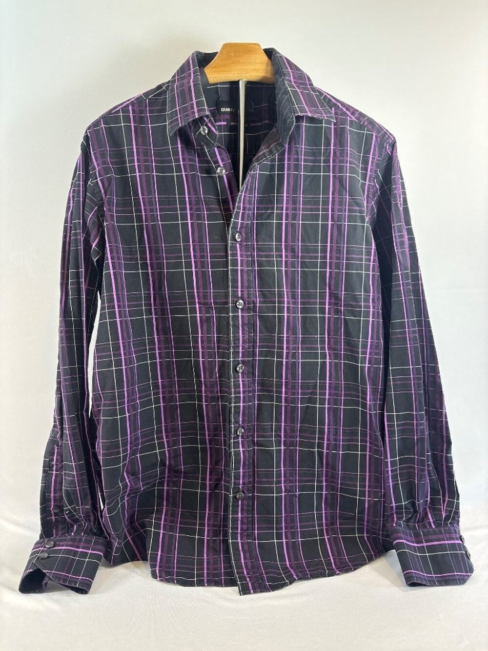Quieti Mens M Black Purple Plaid 100% Fine Cotton Long Sleeve Button Shirt